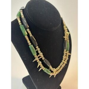 Silver Tone Spike Chain Necklaces Green and Black Beads Goth Romance Vibes